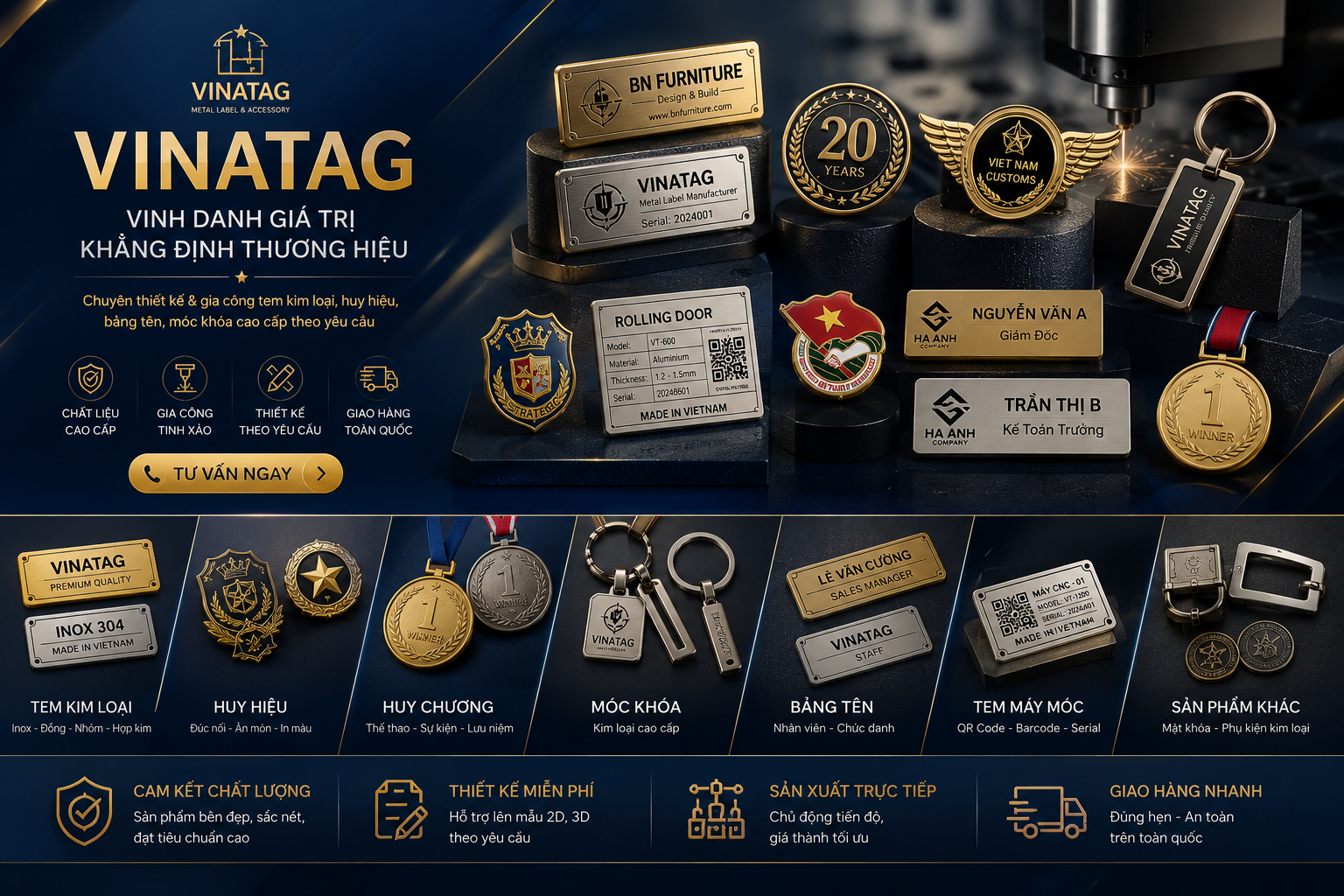 Banner Vinatag - Tem kim loại, huy hiệu, huy chương, bảng tên, móc khóa kim loại cao cấp theo yêu cầu