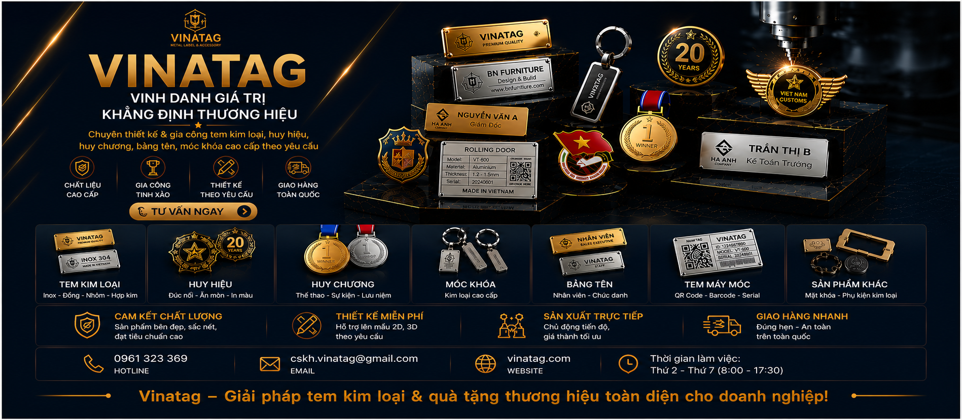 Banner Vinatag - Tem kim loại, huy hiệu, huy chương, bảng tên, móc khóa kim loại cao cấp theo yêu cầu