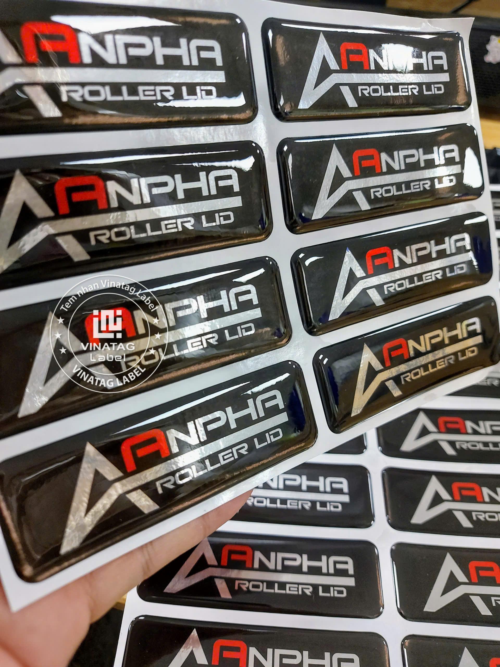 Tem epoxy logo ANPHA ROLLER màu đen bạc phủ nổi 3D